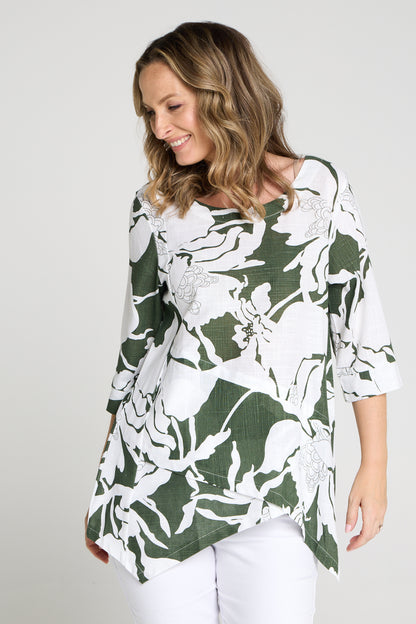 Esther Linen Top - White/Dark Green Floral Print