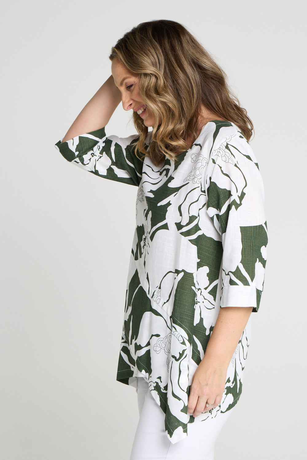 Esther Linen Top - White/Dark Green Floral Print