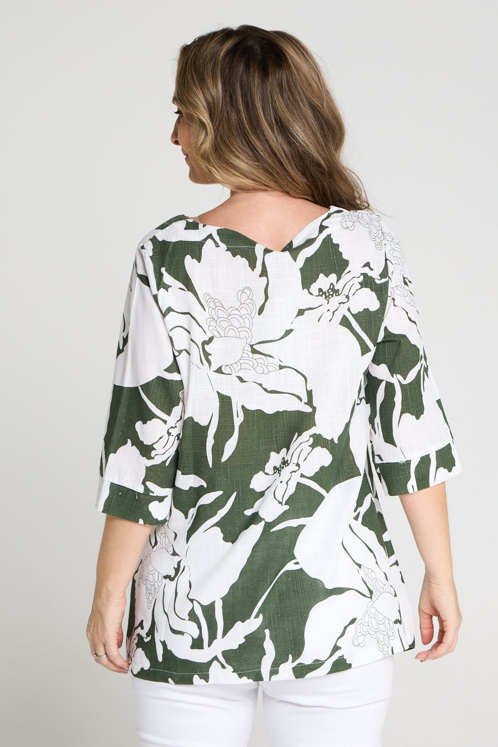 Esther Linen Top - White/Dark Green Floral Print