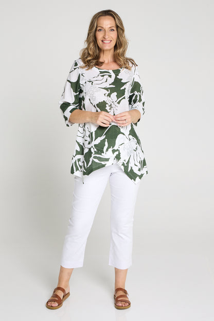 Esther Linen Top - White/Dark Green Floral Print