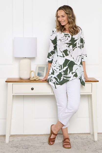 Esther Linen Top - White/Dark Green Floral Print