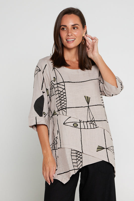 Esther Linen Top - Taupe Sea Life