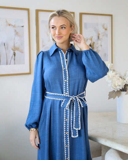 Camelle Embroidered Chambray Dress - Denim