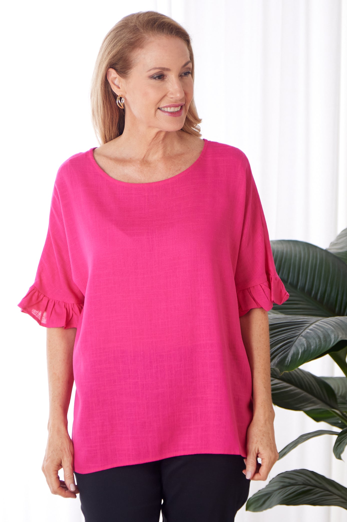 Farrah Linen Top - Hot Pink