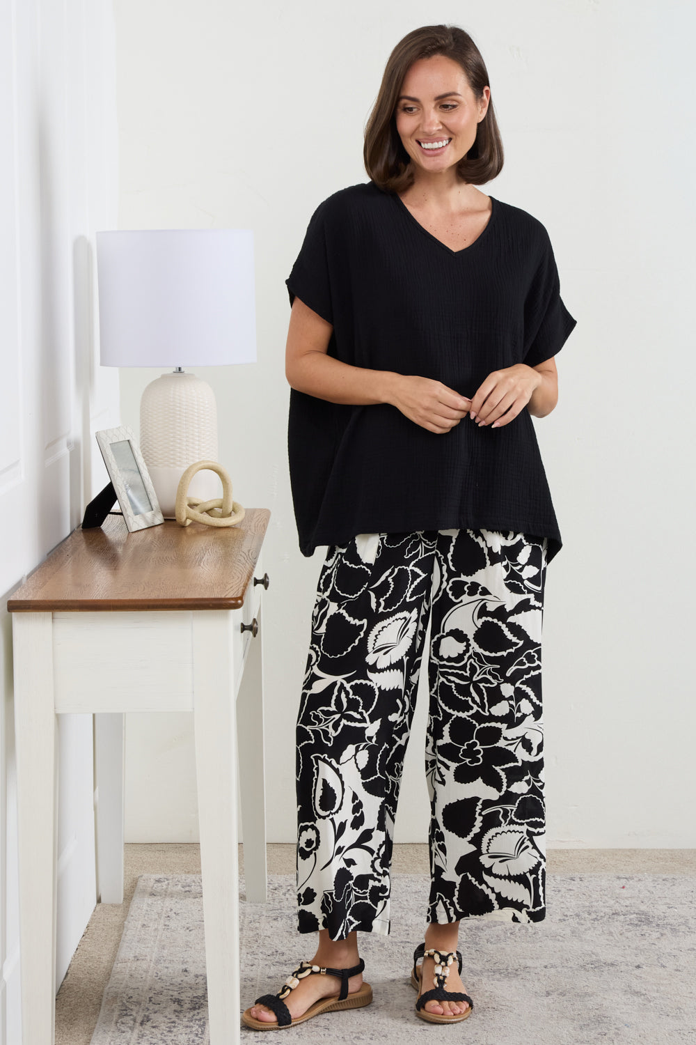 Aiko Lightweight Pants - Black/Ivory Botanical