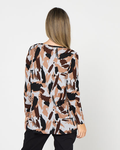 Georgia Long Sleeve Top - Mocha Painterly