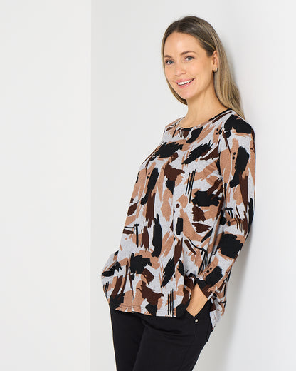 Georgia Long Sleeve Top - Mocha Painterly