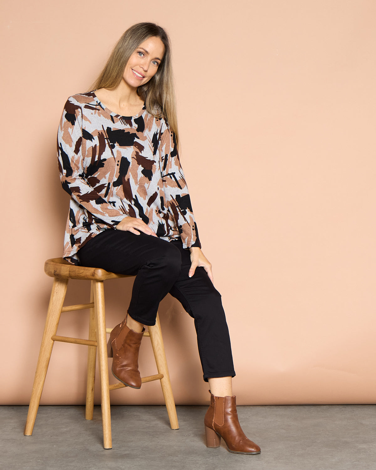 Georgia Long Sleeve Top - Mocha Painterly