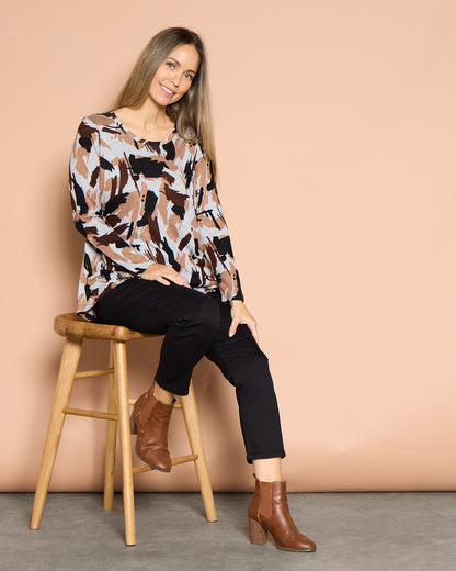 Georgia Long Sleeve Top - Mocha Painterly