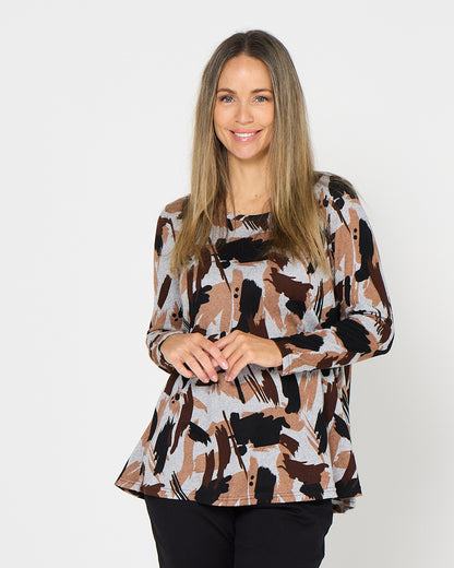 Georgia Long Sleeve Top - Mocha Painterly