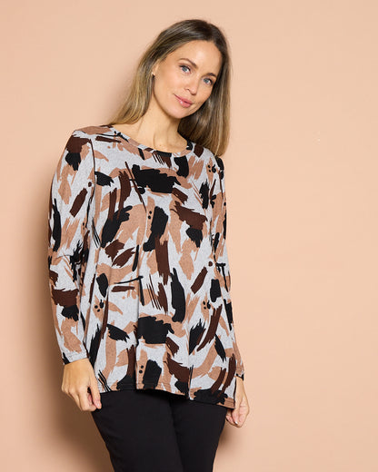 Georgia Long Sleeve Top - Mocha Painterly