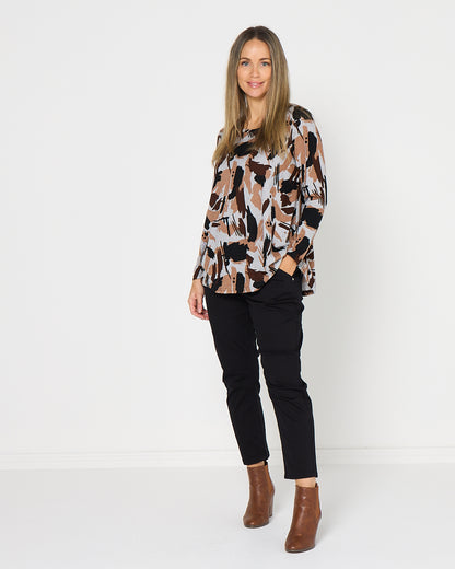 Georgia Long Sleeve Top - Mocha Painterly