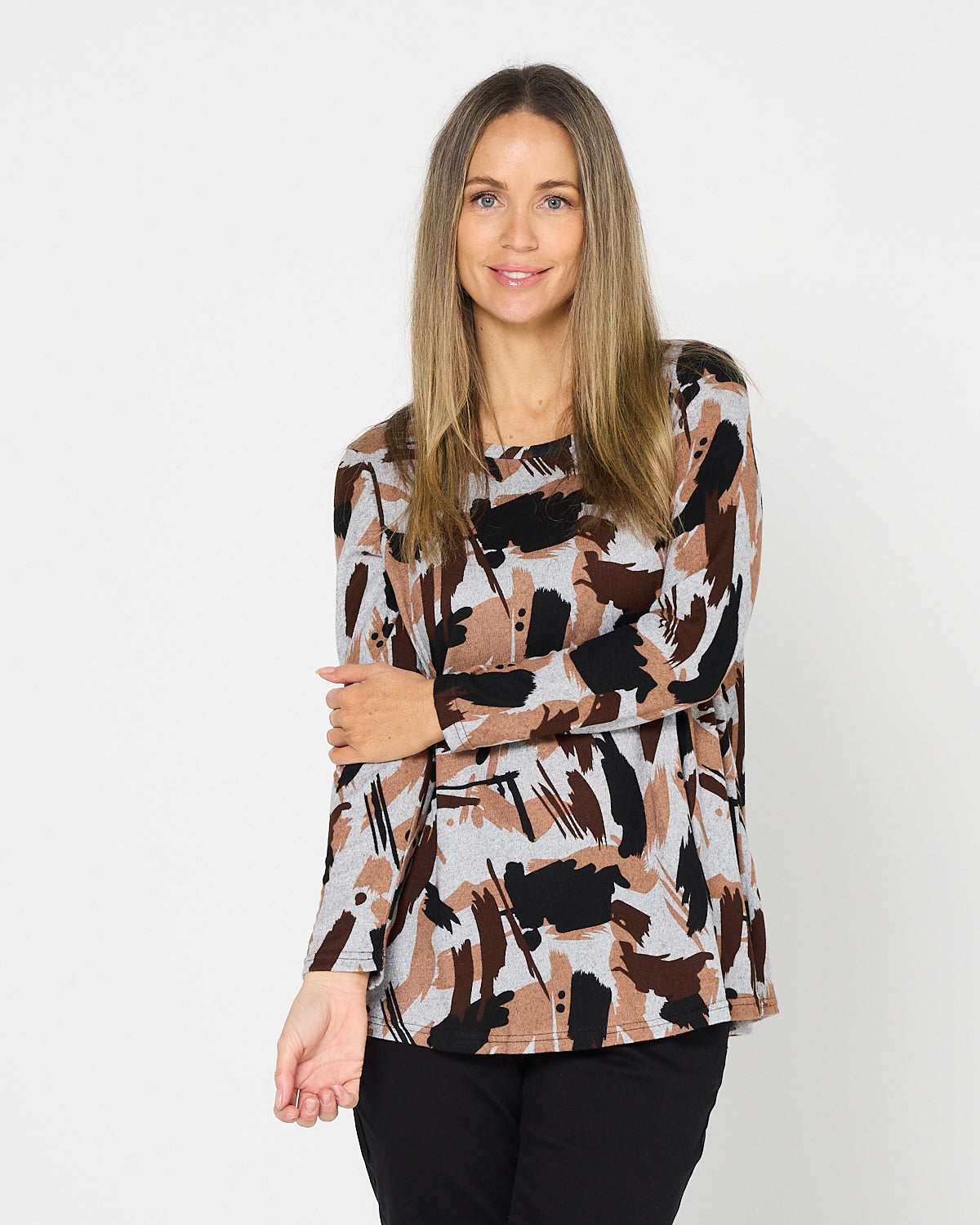 Georgia Long Sleeve Top - Mocha Painterly