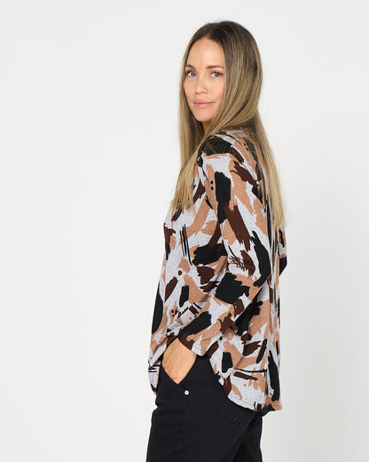 Georgia Long Sleeve Top - Mocha Painterly