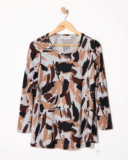 Georgia Long Sleeve Top - Mocha Painterly