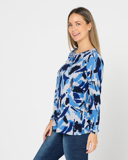 Georgia Long Sleeve Top - Blue Painterly