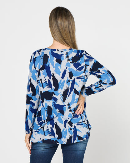Georgia Long Sleeve Top - Blue Painterly