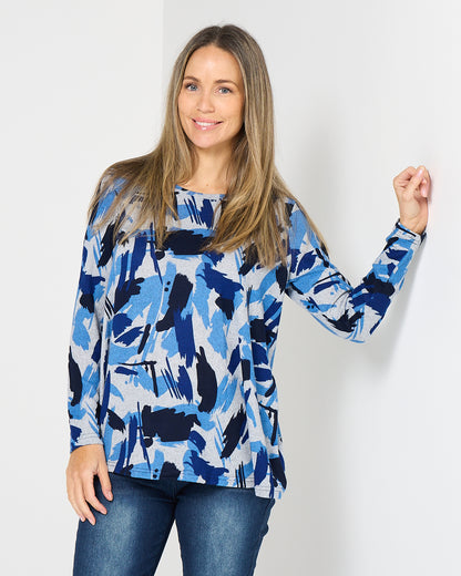 Georgia Long Sleeve Top - Blue Painterly