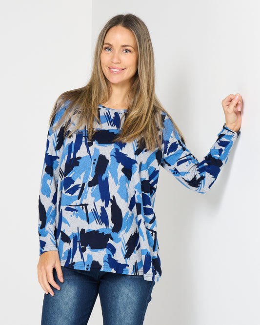 Georgia Long Sleeve Top - Blue Painterly