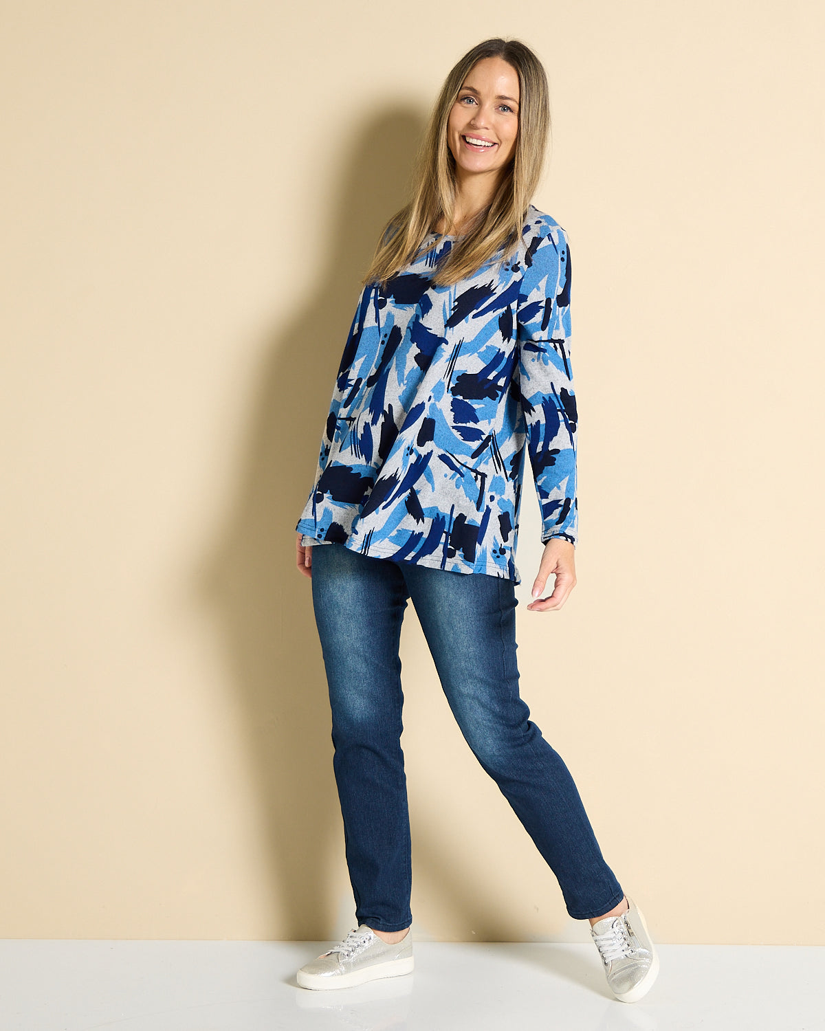 Georgia Long Sleeve Top - Blue Painterly