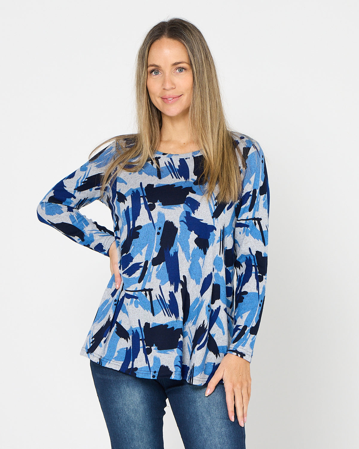 Georgia Long Sleeve Top - Blue Painterly