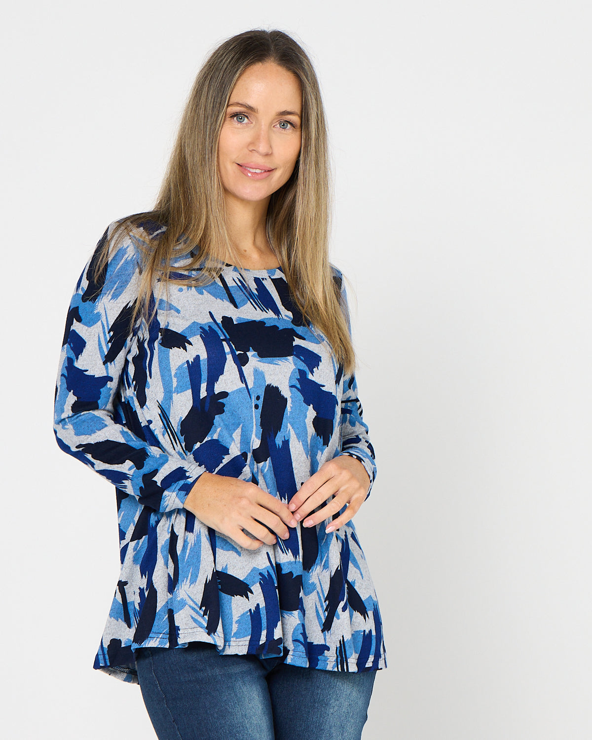 Georgia Long Sleeve Top - Blue Painterly