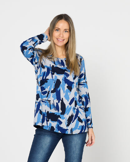 Georgia Long Sleeve Top - Blue Painterly