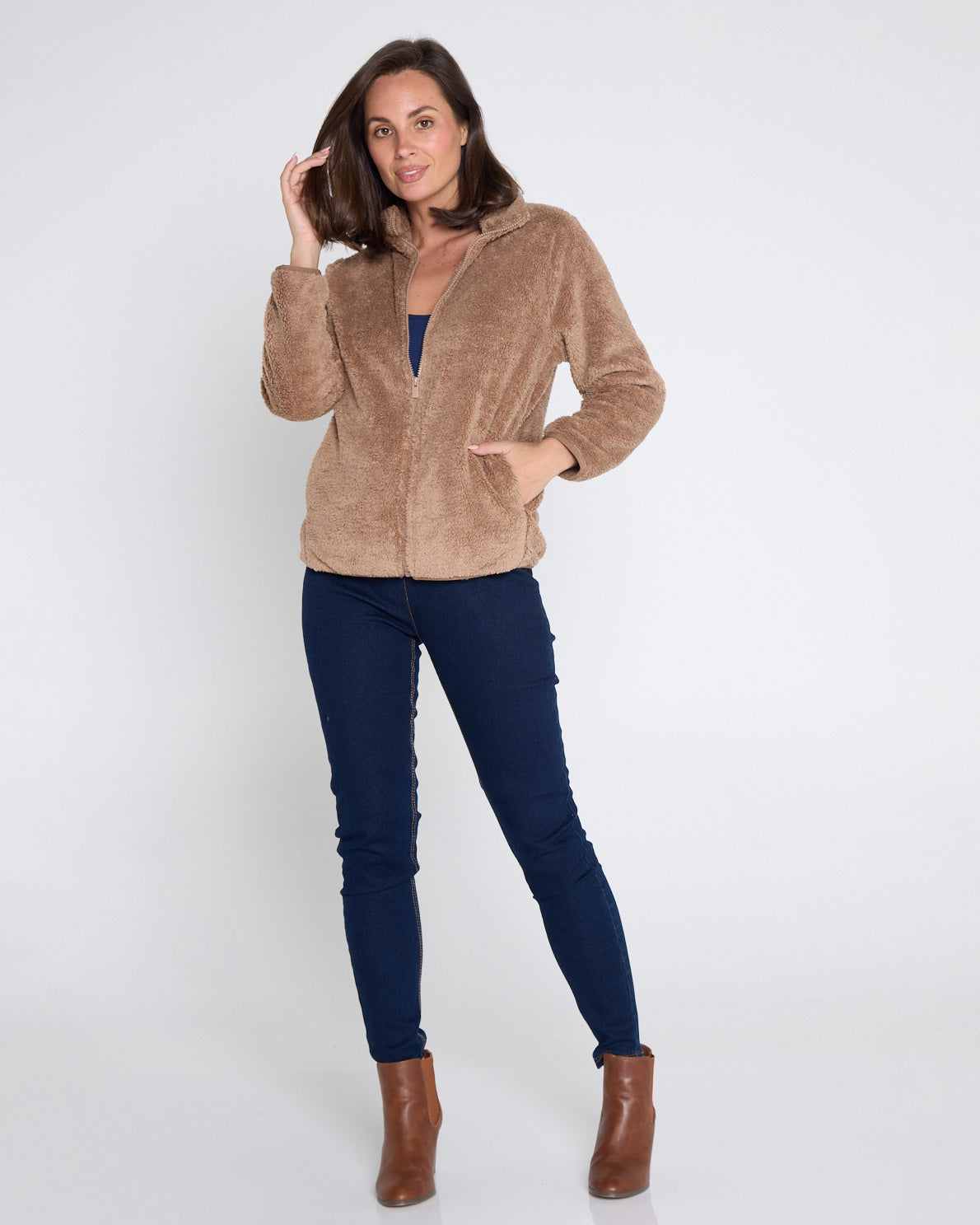 Harlow Fluffy Zip Jacket - Camel