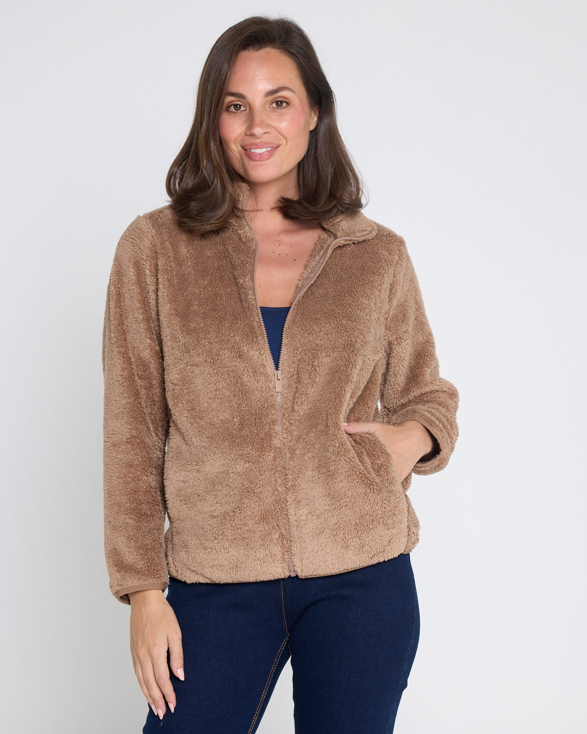 Harlow Fluffy Zip Jacket - Camel