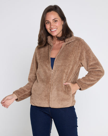 Harlow Fluffy Zip Jacket - Camel