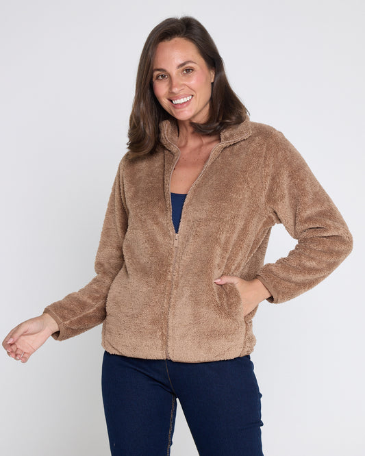 Harlow Fluffy Zip Jacket - Camel