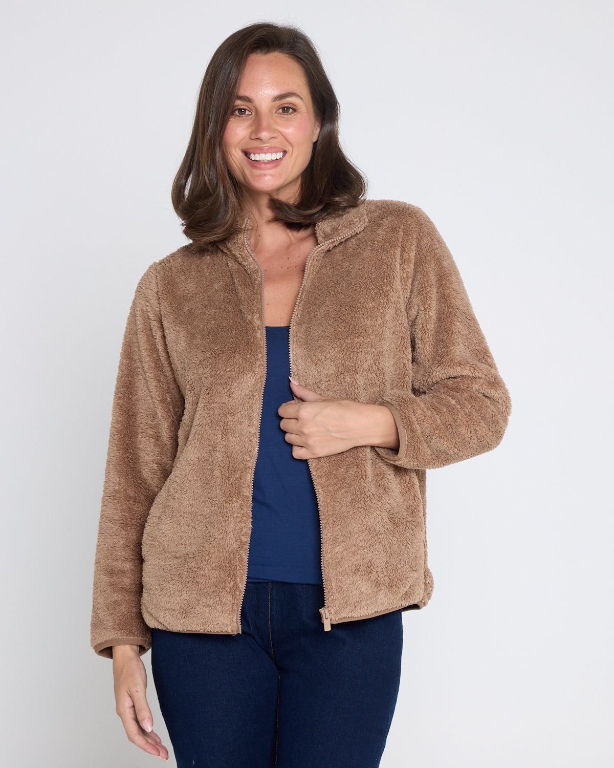 Harlow Fluffy Zip Jacket - Camel