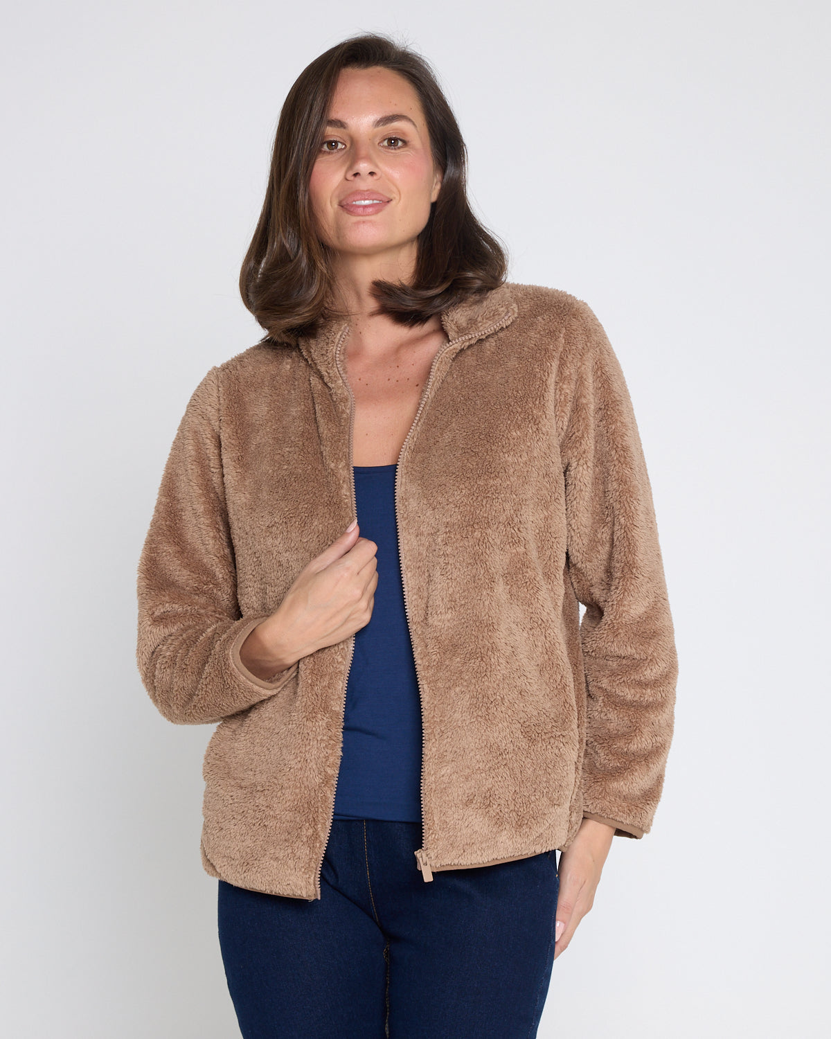 Harlow Fluffy Zip Jacket - Camel