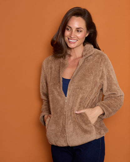 Harlow Fluffy Zip Jacket - Camel