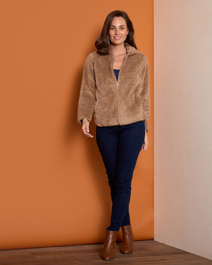 Harlow Fluffy Zip Jacket - Camel