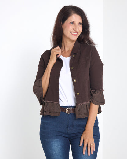 Leelah Cropped Ruffle Denim Jacket - Chocolate