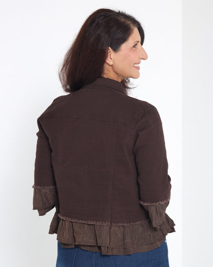 Leelah Cropped Ruffle Denim Jacket - Chocolate
