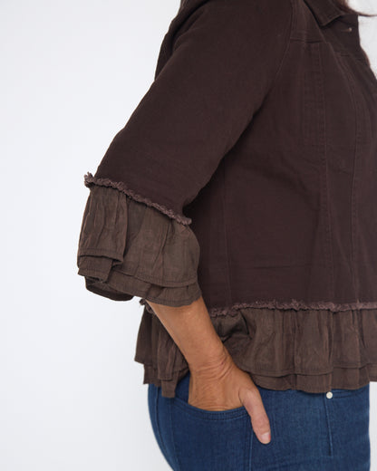 Leelah Cropped Ruffle Denim Jacket - Chocolate