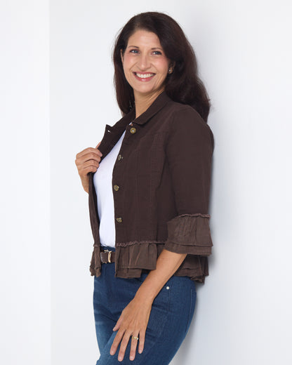 Leelah Cropped Ruffle Denim Jacket - Chocolate