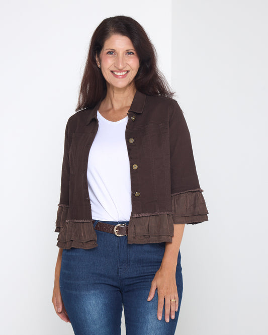 Leelah Cropped Ruffle Denim Jacket - Chocolate