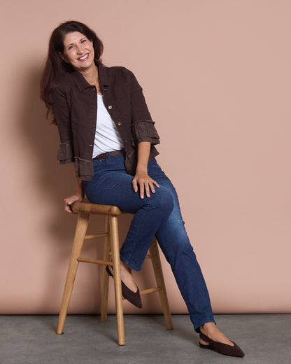 Leelah Cropped Ruffle Denim Jacket - Chocolate