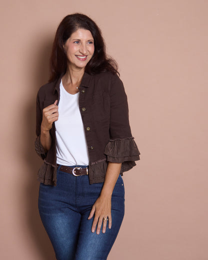 Leelah Cropped Ruffle Denim Jacket - Chocolate