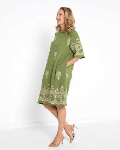 Zinnia Embroidered Dress - Moss Green