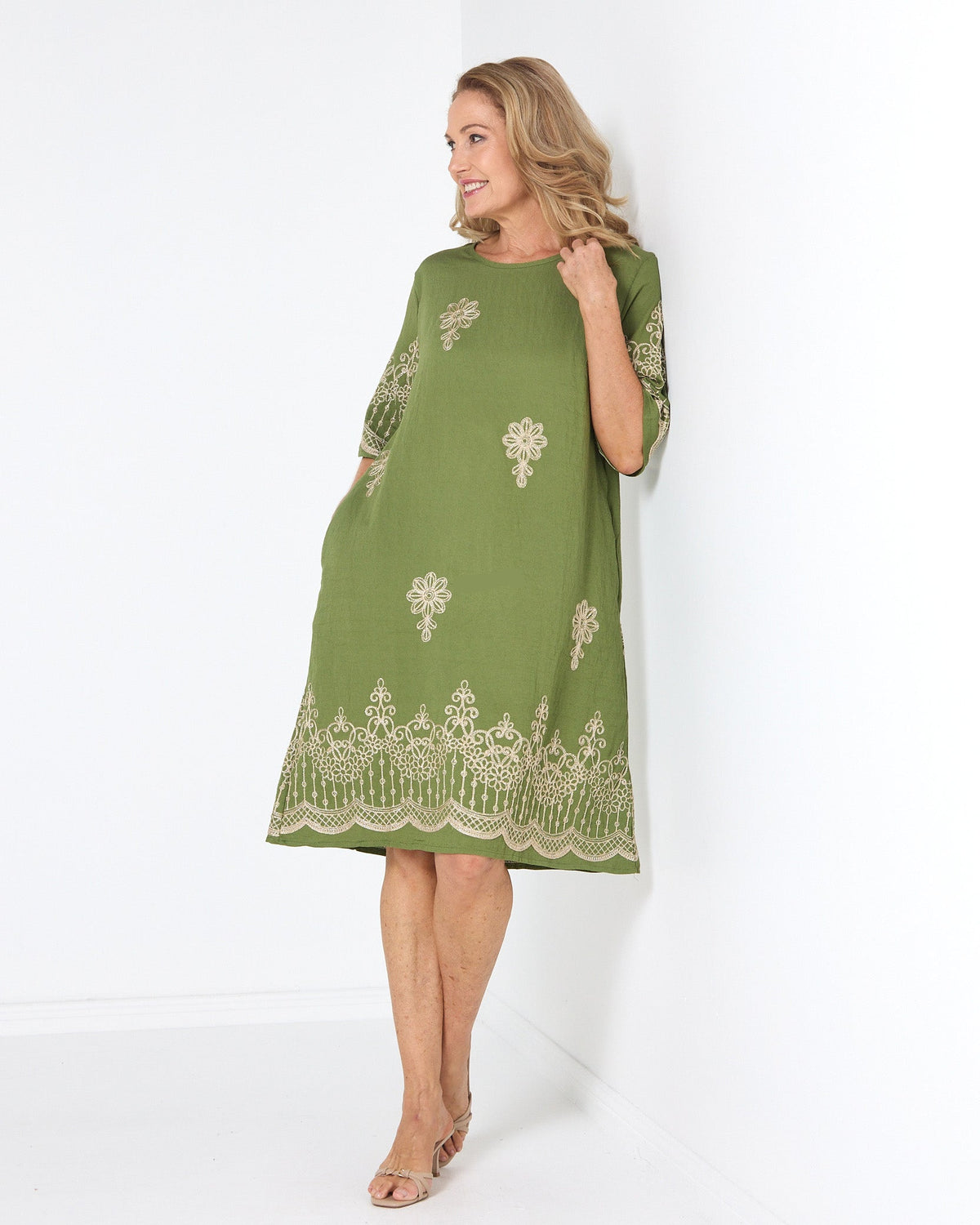 Zinnia Embroidered Dress - Moss Green