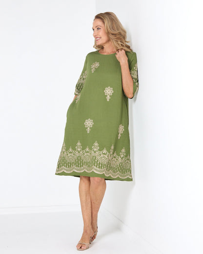 Zinnia Embroidered Dress - Moss Green