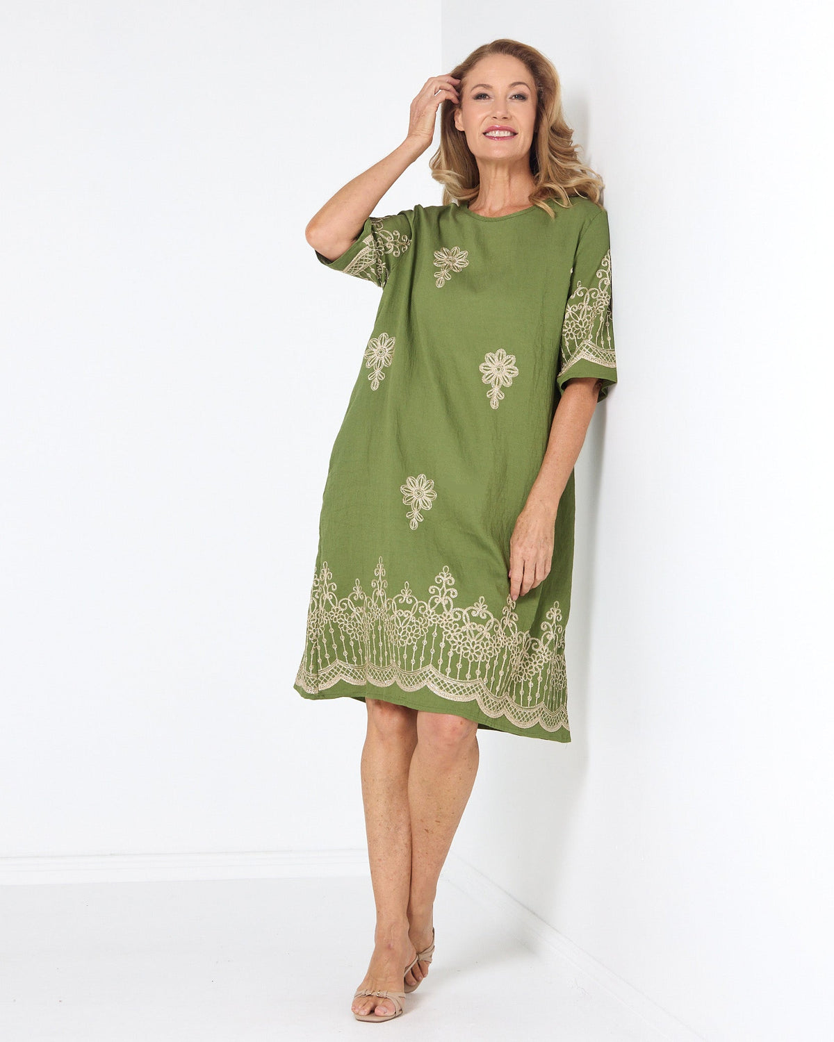 Zinnia Embroidered Dress - Moss Green