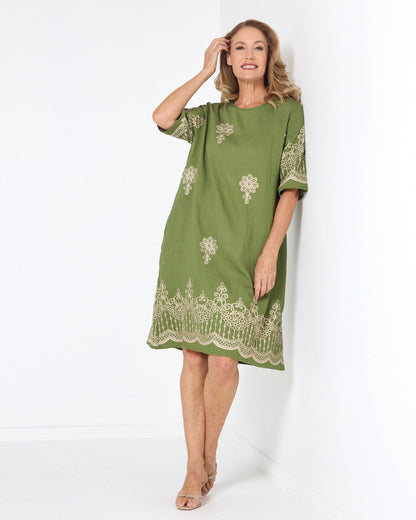 Zinnia Embroidered Dress - Moss Green