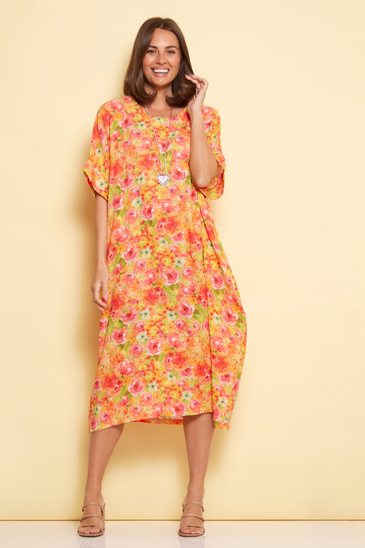 Ayla Cotton Cocoon Dress - Tangerine Rose