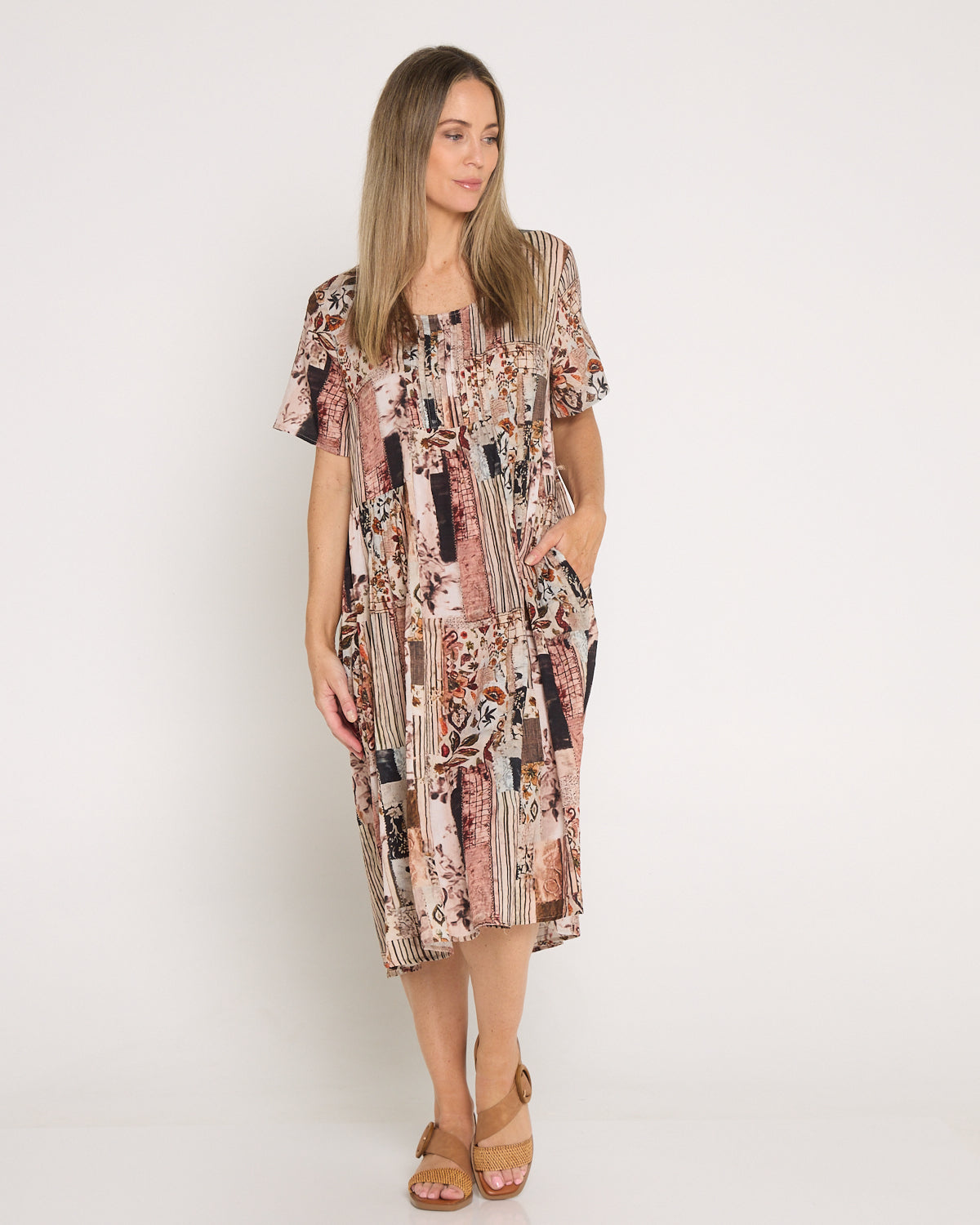 Elora Cotton Dress - Brown Patchwork