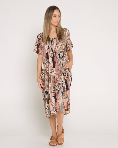 Elora Cotton Dress - Brown Patchwork